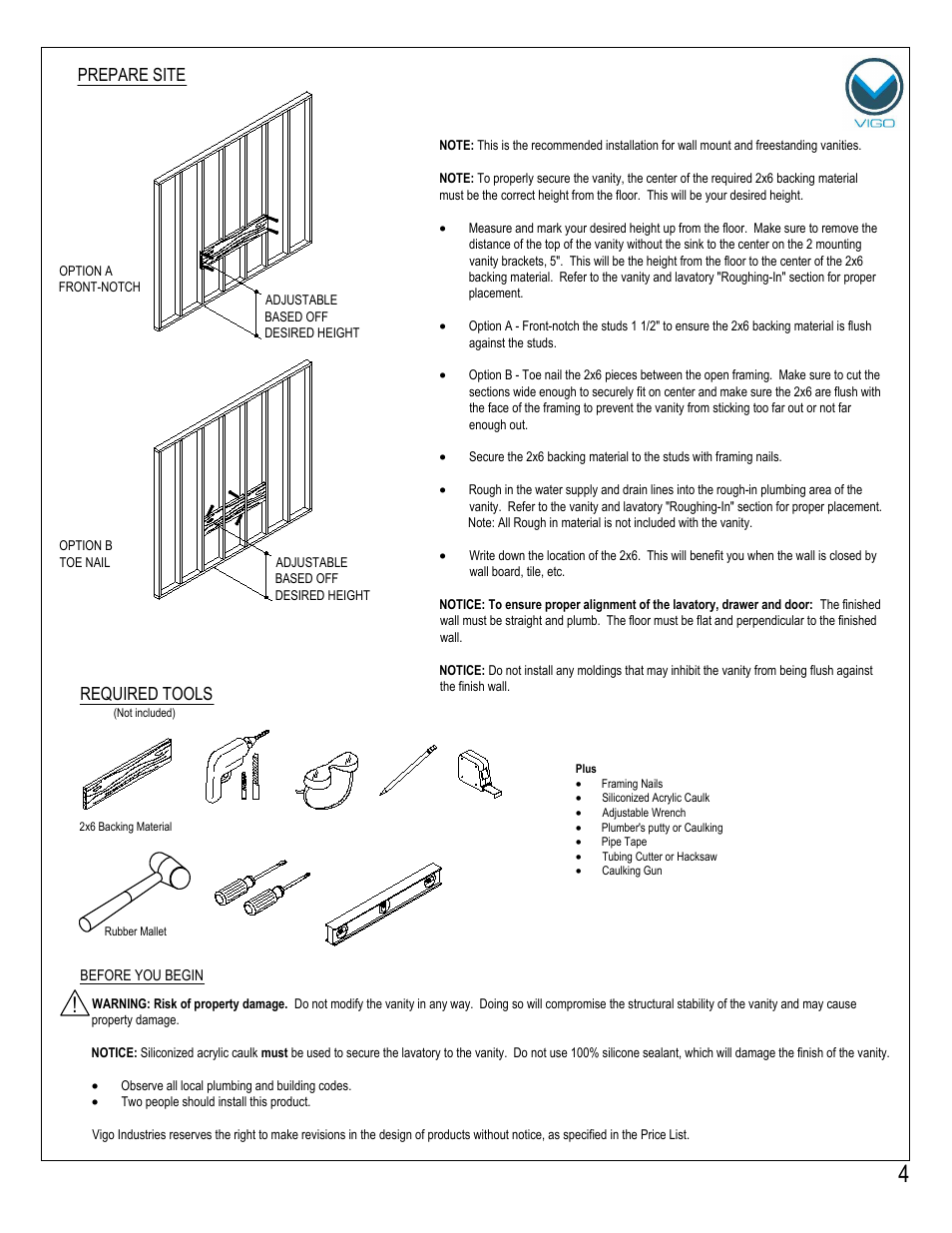 Required tools, Prepare site | Vigo VG09031K1 User Manual | Page 4 / 7