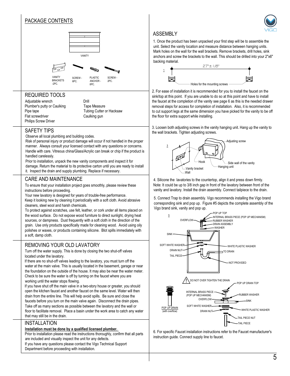 Assembly package contents, Removing your old lavatory | Vigo VG09031K1 User Manual | Page 5 / 7