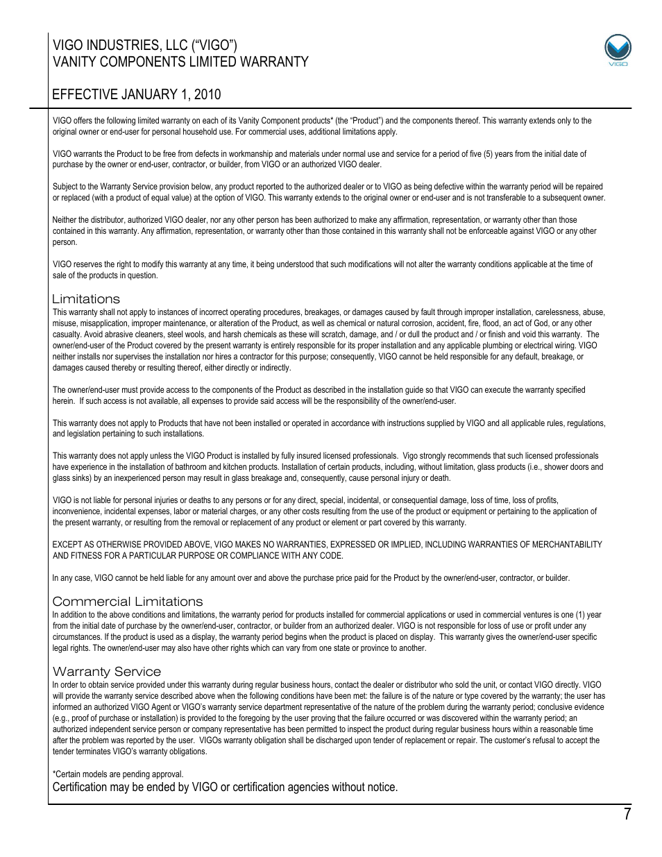 Vigo VG09031K1 User Manual | Page 7 / 7