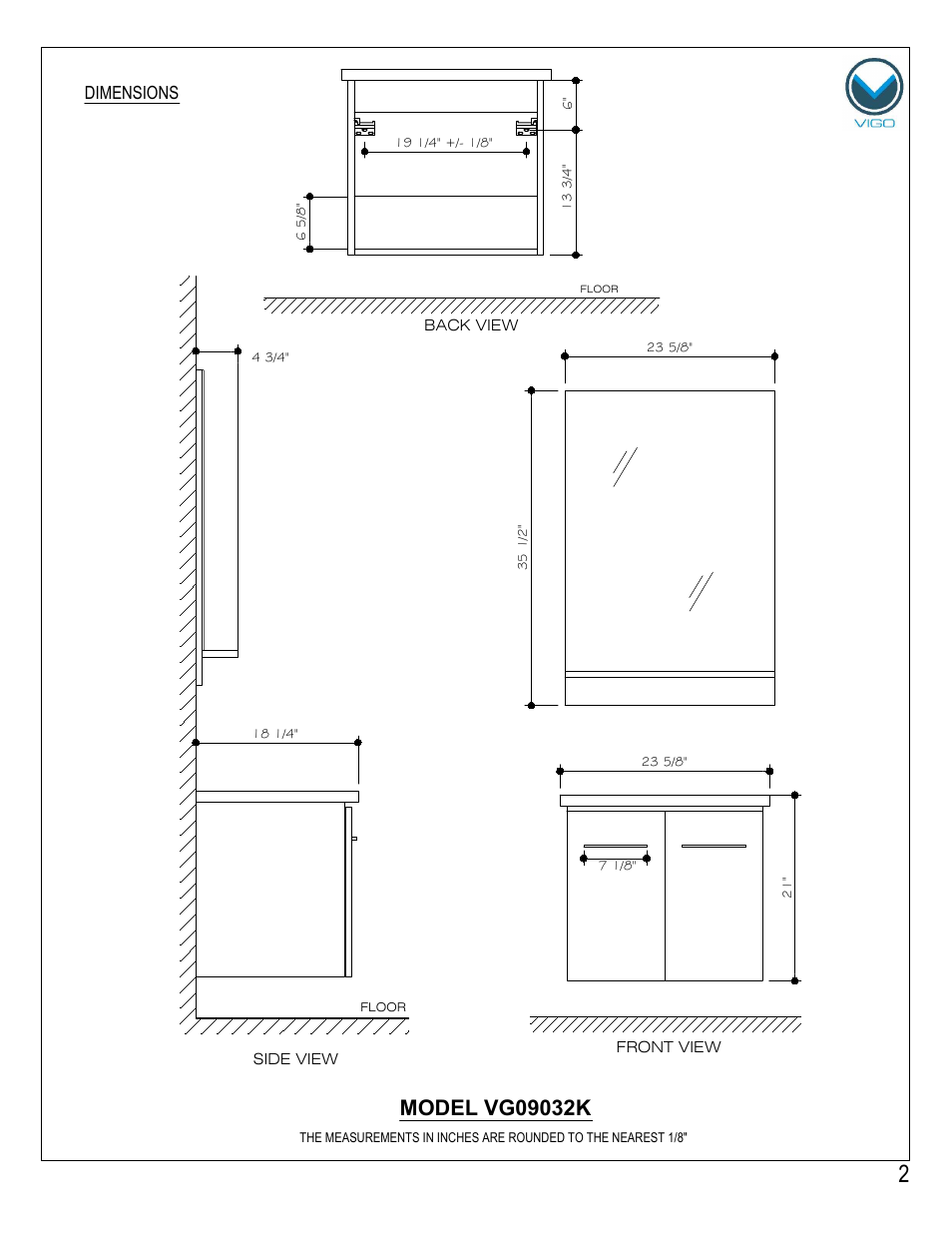 Dimensions | Vigo VG09032K User Manual | Page 2 / 7