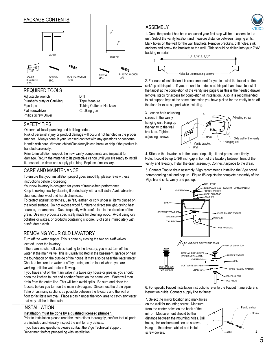 Assembly package contents, Removing your old lavatory | Vigo VG09032K User Manual | Page 5 / 7