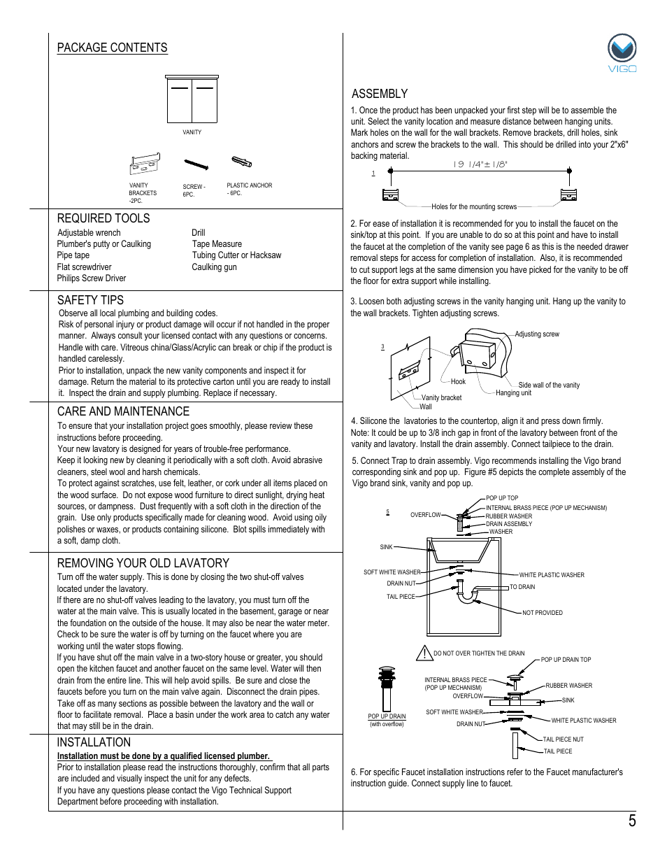 Assembly package contents, Removing your old lavatory | Vigo VG09032K1 User Manual | Page 5 / 7