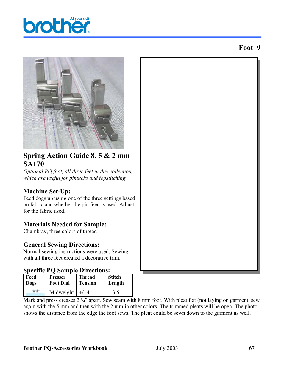 Foot 9, Spring a s | Brother 1300 User Manual | Page 11 / 20