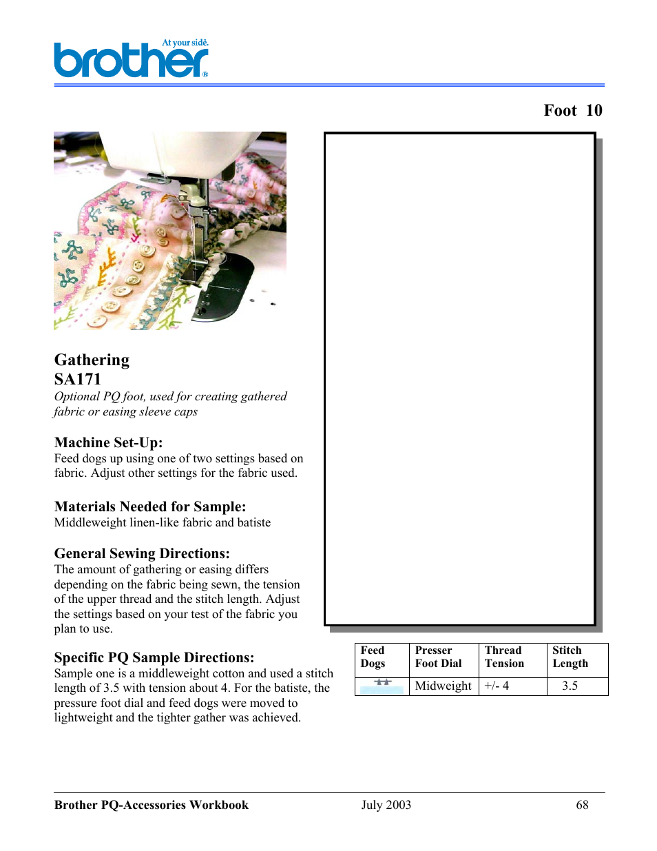 Foot 10, Gathering sa171 | Brother 1300 User Manual | Page 12 / 20