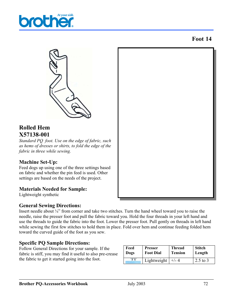 Foot, Rolled hem | Brother 1300 User Manual | Page 16 / 20