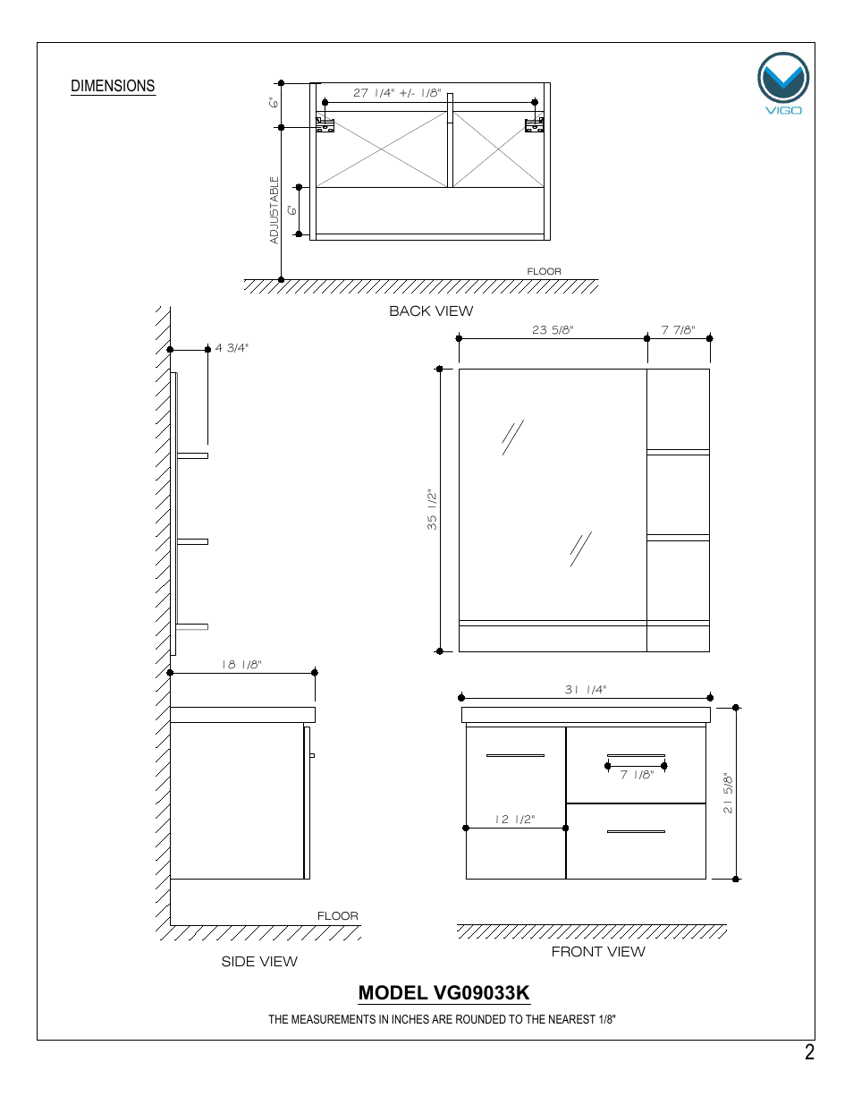 Dimensions | Vigo VG0903K User Manual | Page 2 / 7