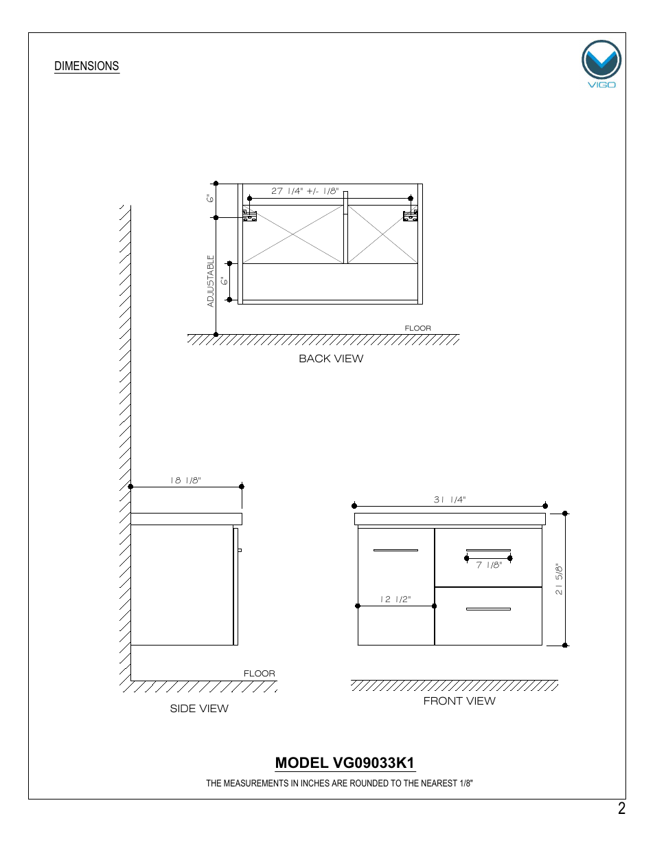 Dimensions | Vigo VG0903K1 User Manual | Page 2 / 7