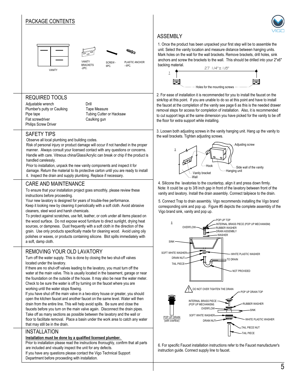 Assembly package contents, Removing your old lavatory | Vigo VG0903K1 User Manual | Page 5 / 7