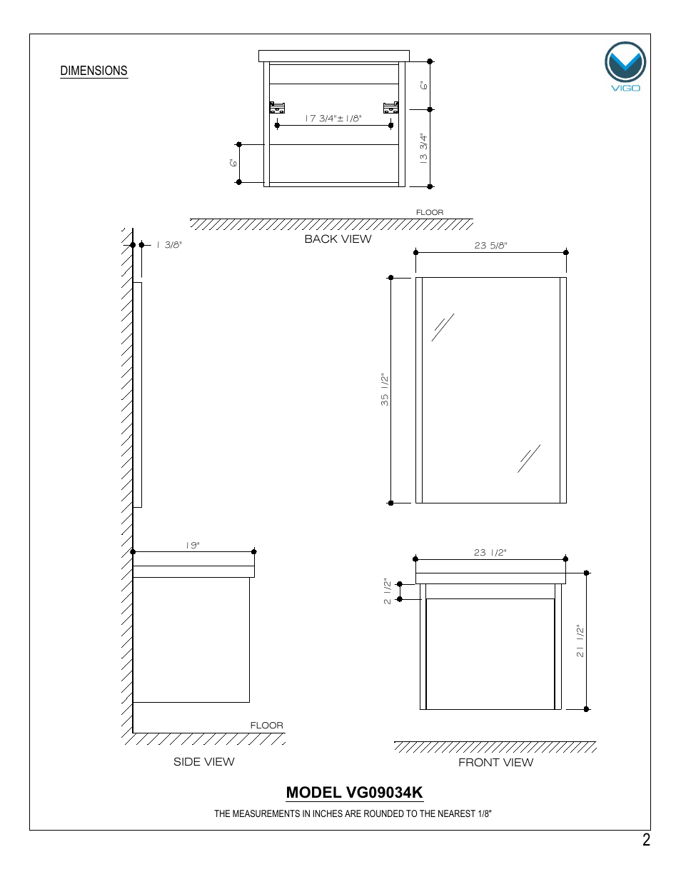 Dimensions | Vigo VG09034K User Manual | Page 2 / 7