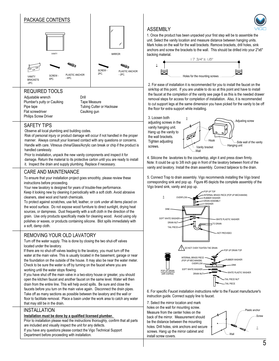 Assembly package contents, Removing your old lavatory | Vigo VG09034K User Manual | Page 5 / 7