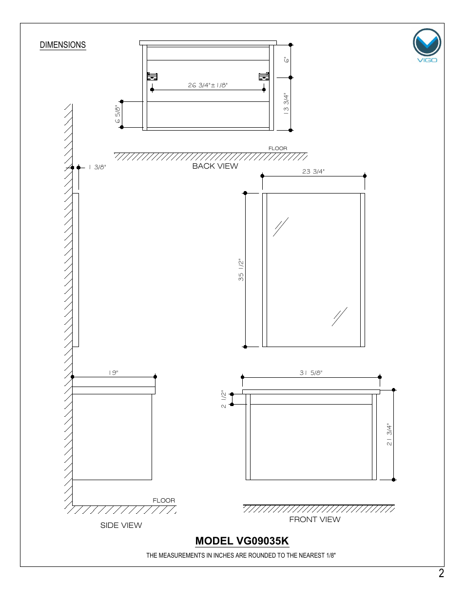 Dimensions | Vigo VG09035K User Manual | Page 2 / 7