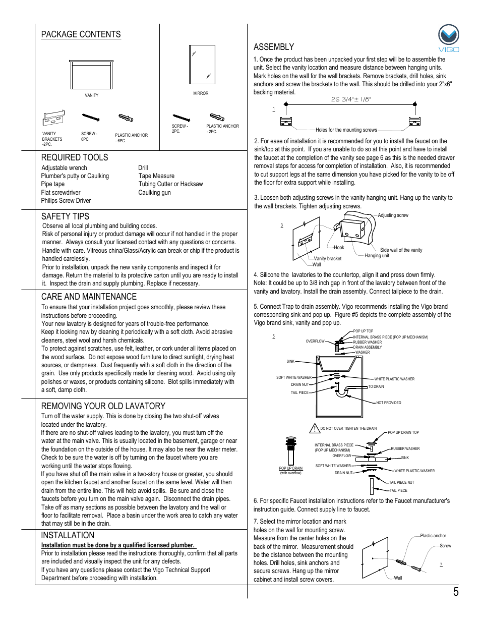 Assembly package contents, Removing your old lavatory | Vigo VG09035K User Manual | Page 5 / 7