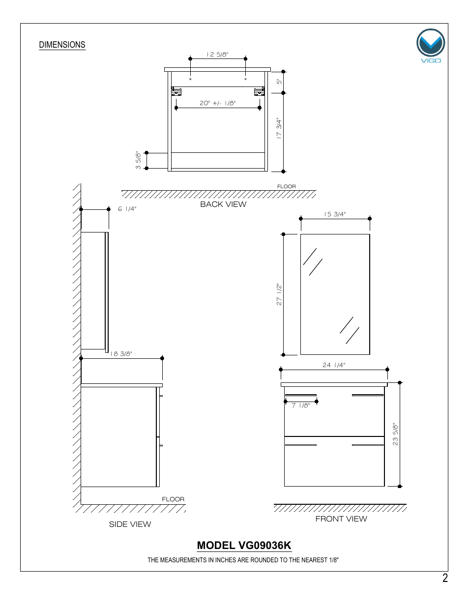 Dimensions | Vigo VG09036K User Manual | Page 2 / 7