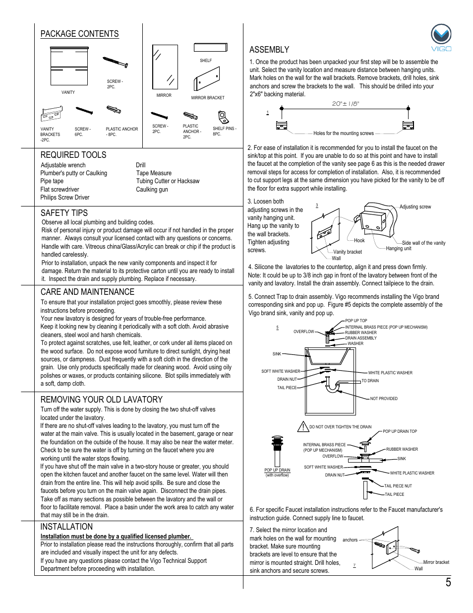 Assembly package contents, Removing your old lavatory | Vigo VG09036K User Manual | Page 5 / 7