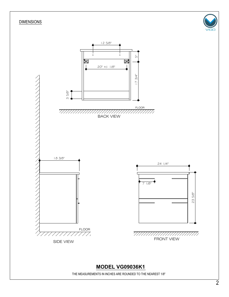 Dimensions | Vigo VG09036K1 User Manual | Page 2 / 7