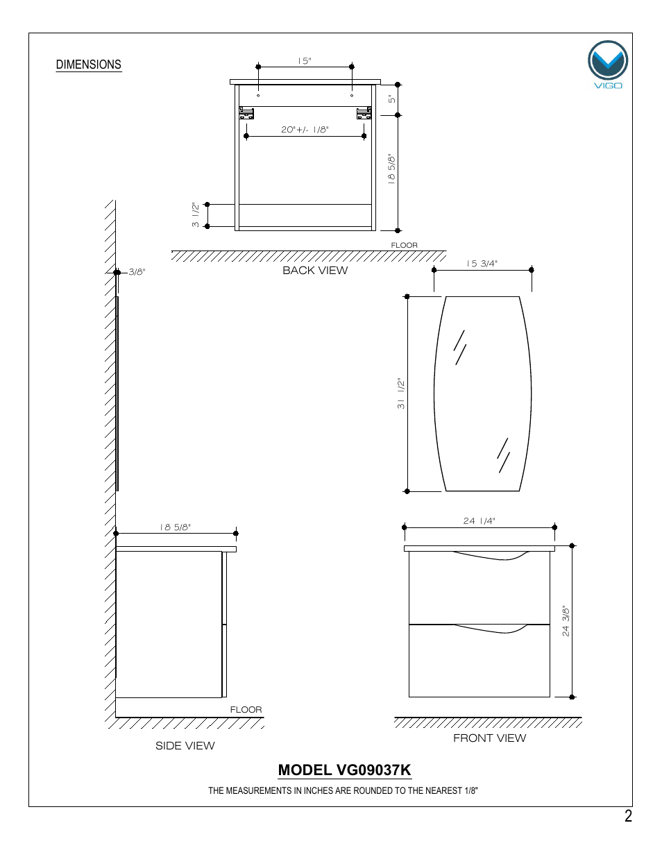 Dimensions | Vigo VG09037K User Manual | Page 2 / 7