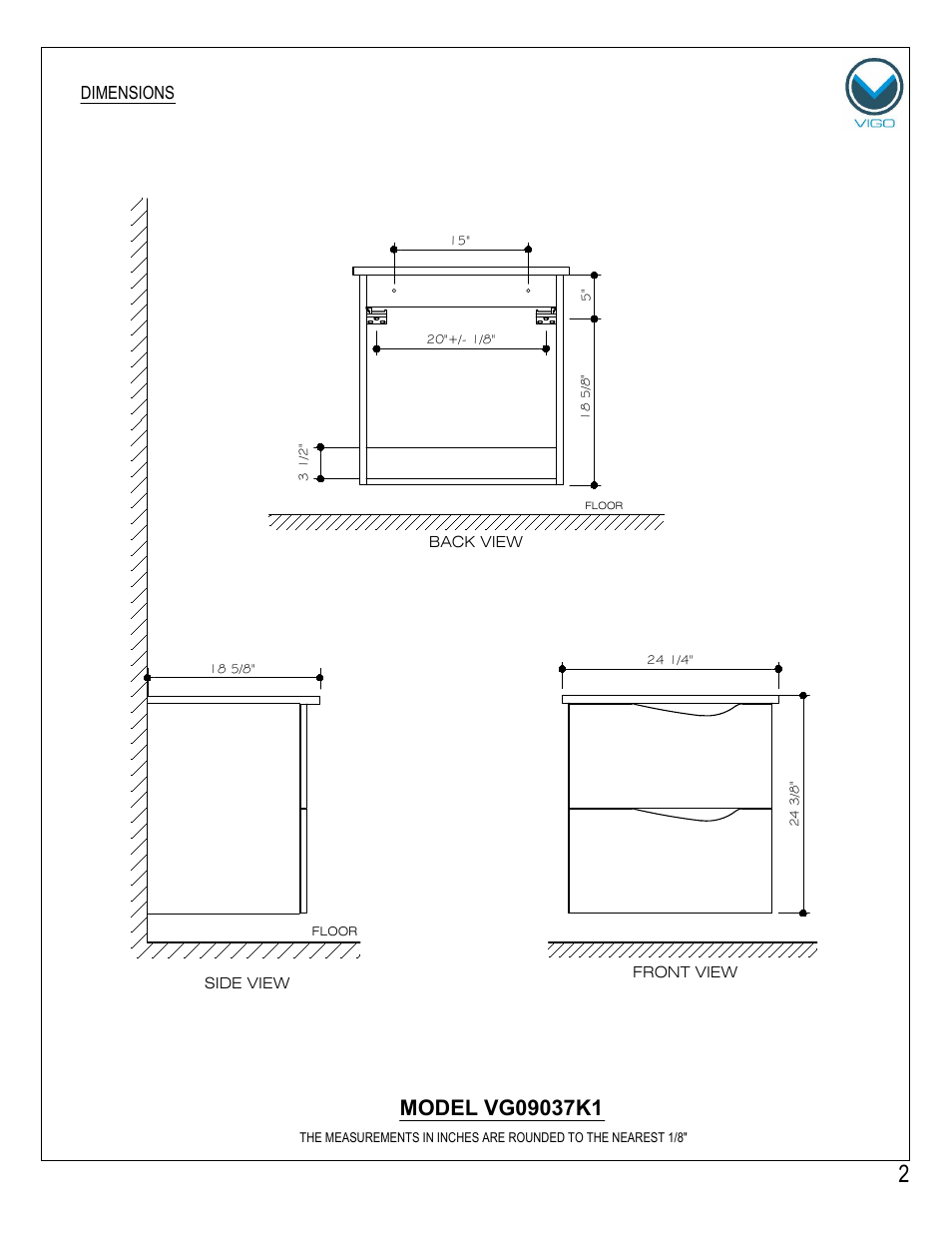 Dimensions | Vigo VG09037K1 User Manual | Page 2 / 7