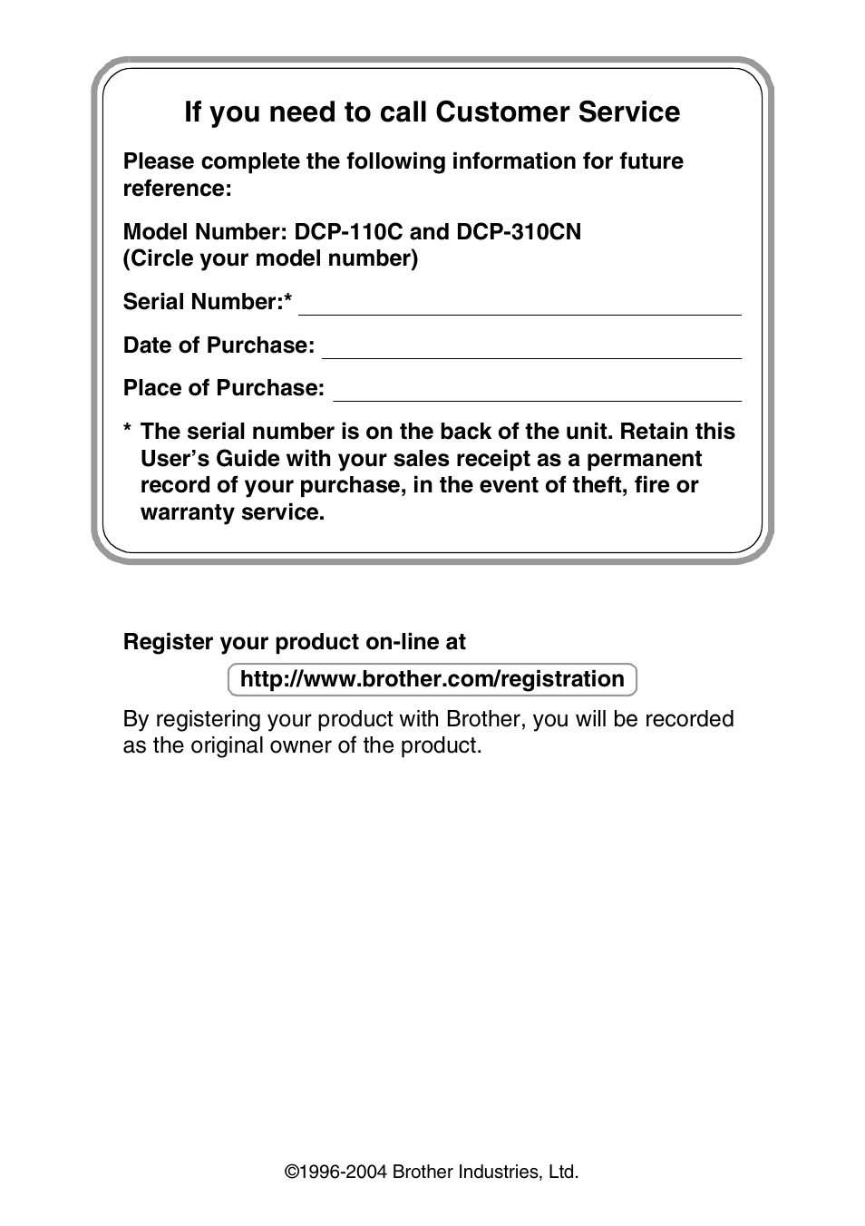 If you need to call customer service | Brother DCP-310CN User Manual | Page 2 / 100