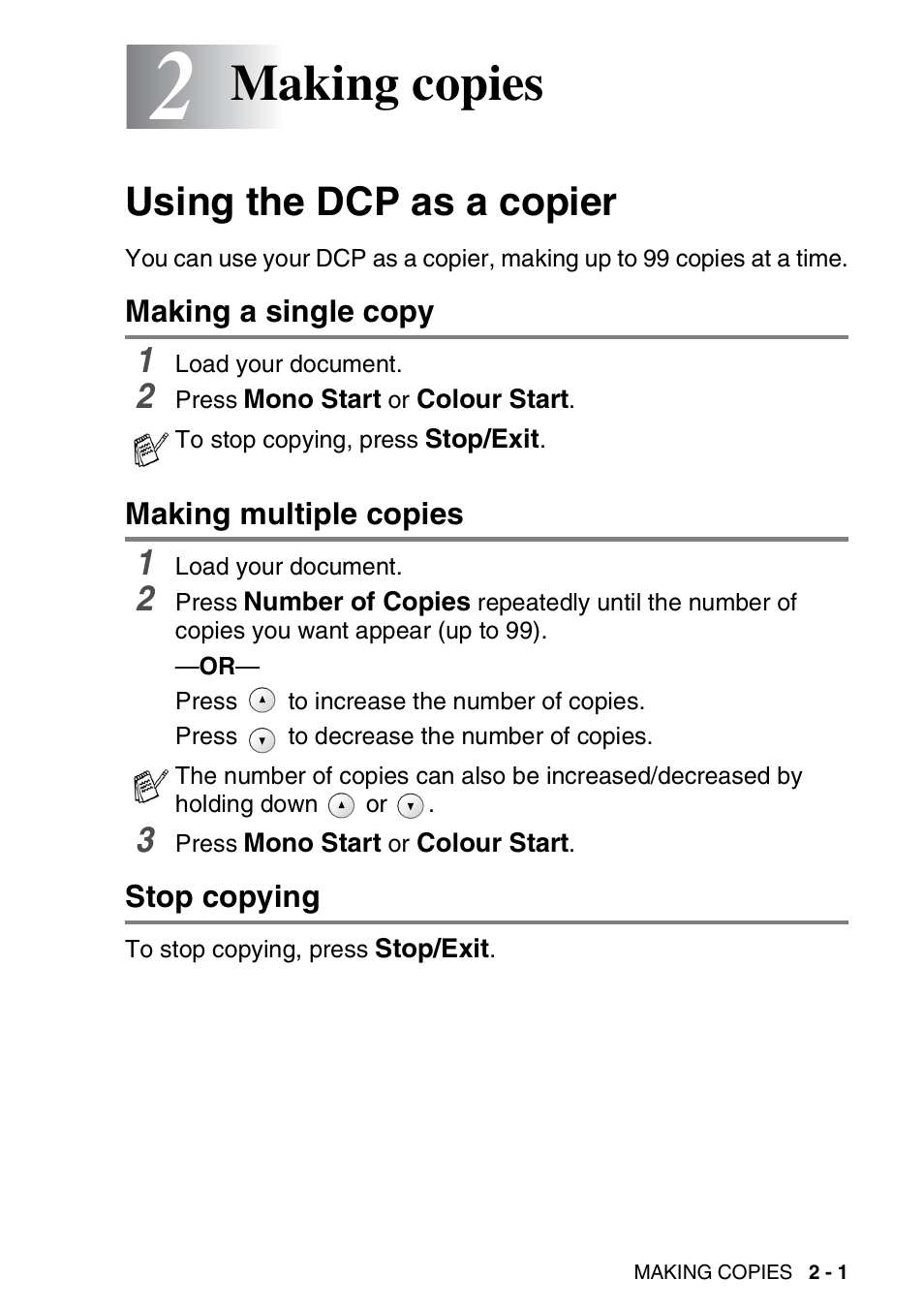 2 making copies, Using the dcp as a copier, Making a single copy | Making multiple copies, Stop copying, Making copies -1, Using the dcp as a copier -1, Making copies | Brother DCP-310CN User Manual | Page 24 / 100