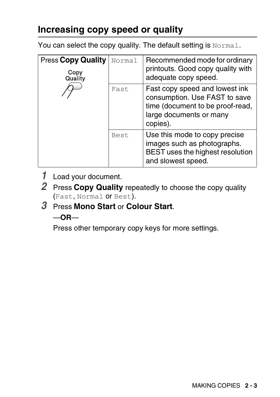 Increasing copy speed or quality, Increasing copy speed or quality -3 | Brother DCP-310CN User Manual | Page 26 / 100