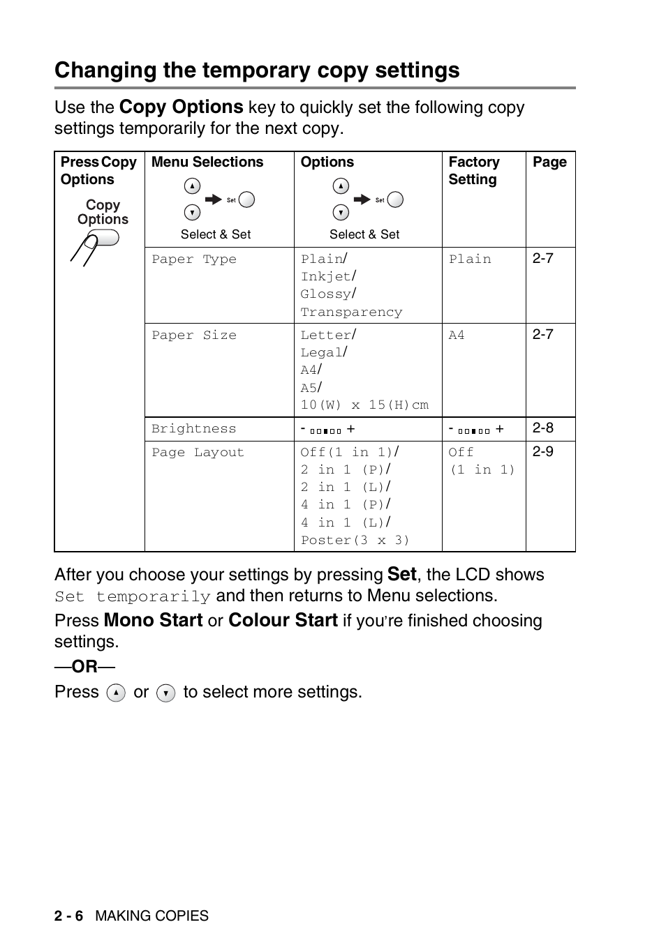 Changing the temporary copy settings, Changing the temporary copy settings -6, Copy options | Mono start, Colour start, Use the, The lcd shows, And then returns to menu selections. press, If you | Brother DCP-310CN User Manual | Page 29 / 100