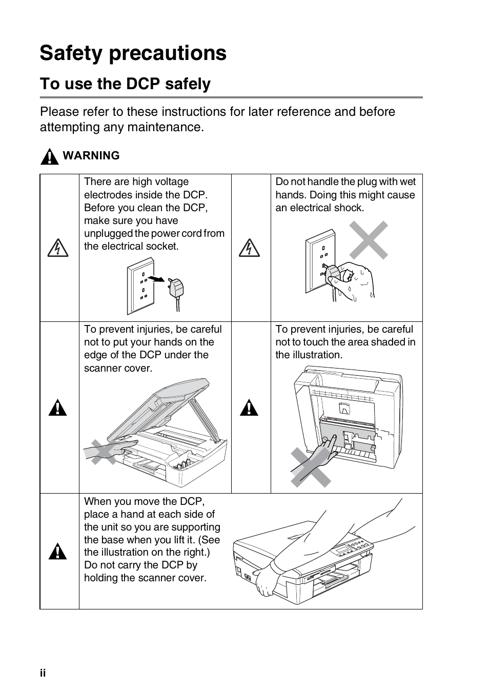 Safety precautions, To use the dcp safely | Brother DCP-310CN User Manual | Page 4 / 100