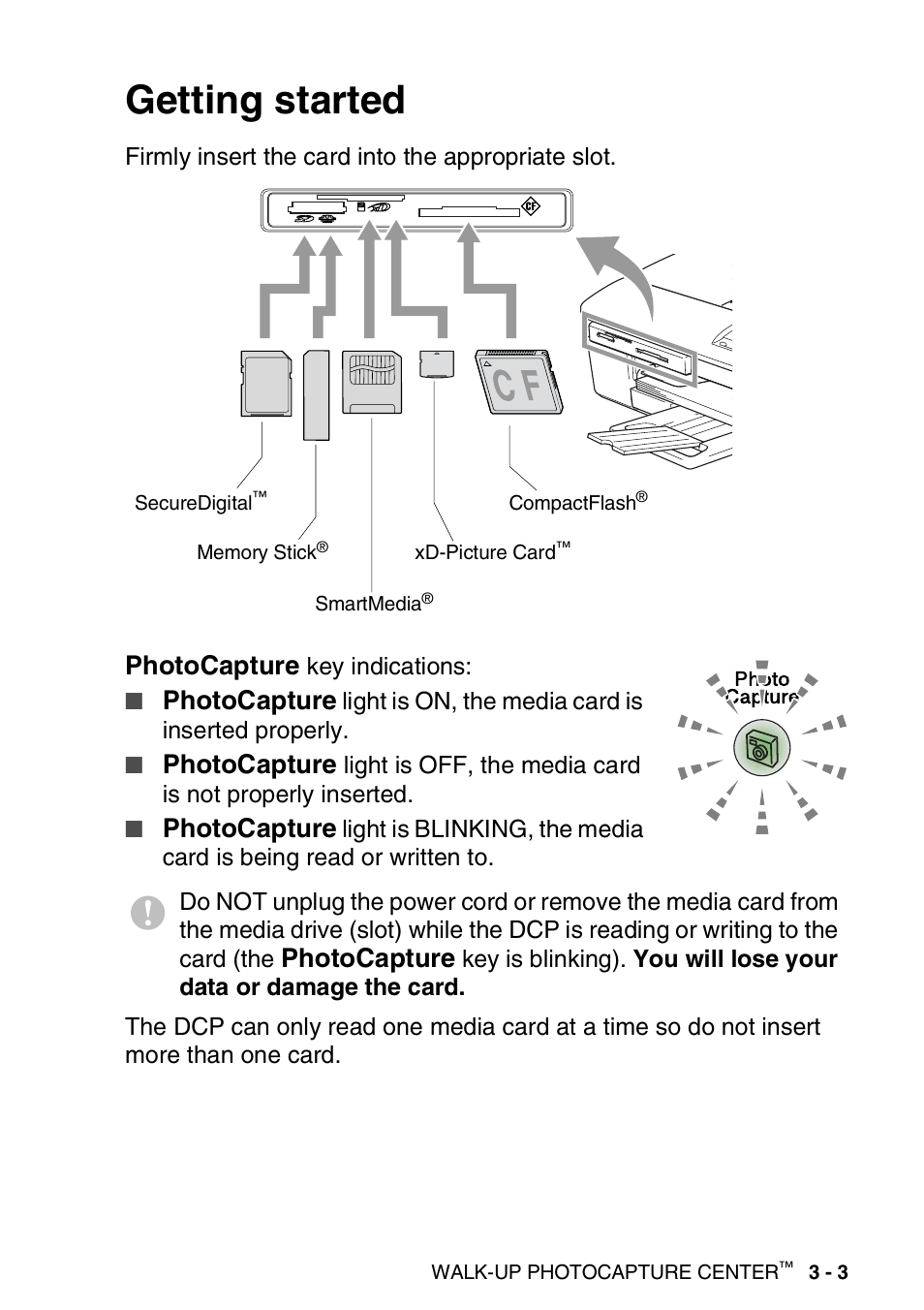 Getting started, Getting started -3, Photocapture | Brother DCP-310CN User Manual | Page 42 / 100