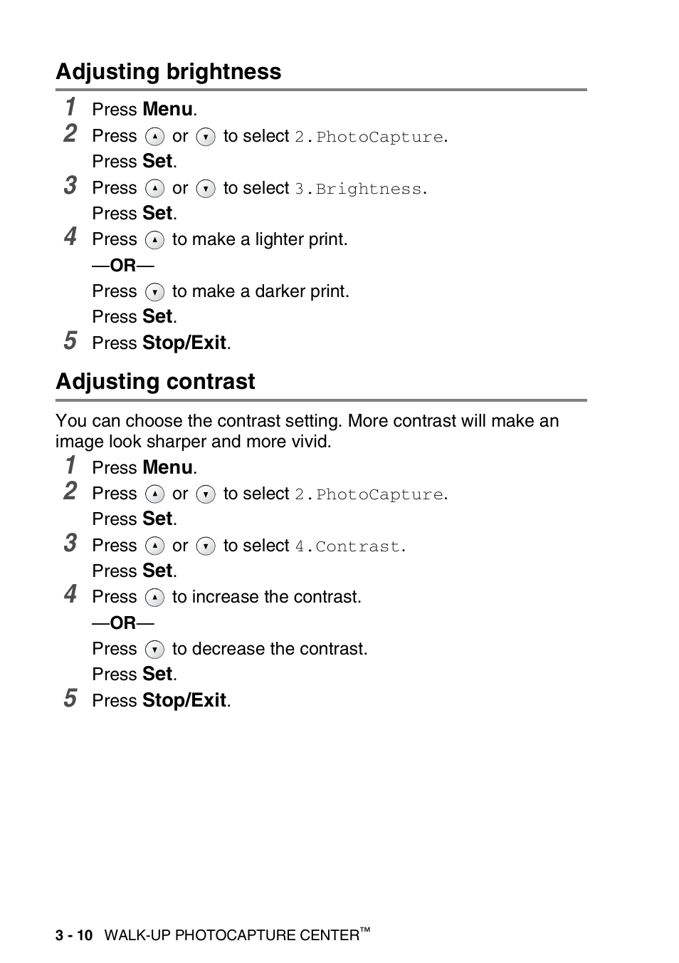 Adjusting brightness, Adjusting contrast, Adjusting brightness -10 adjusting contrast -10 | Brother DCP-310CN User Manual | Page 49 / 100