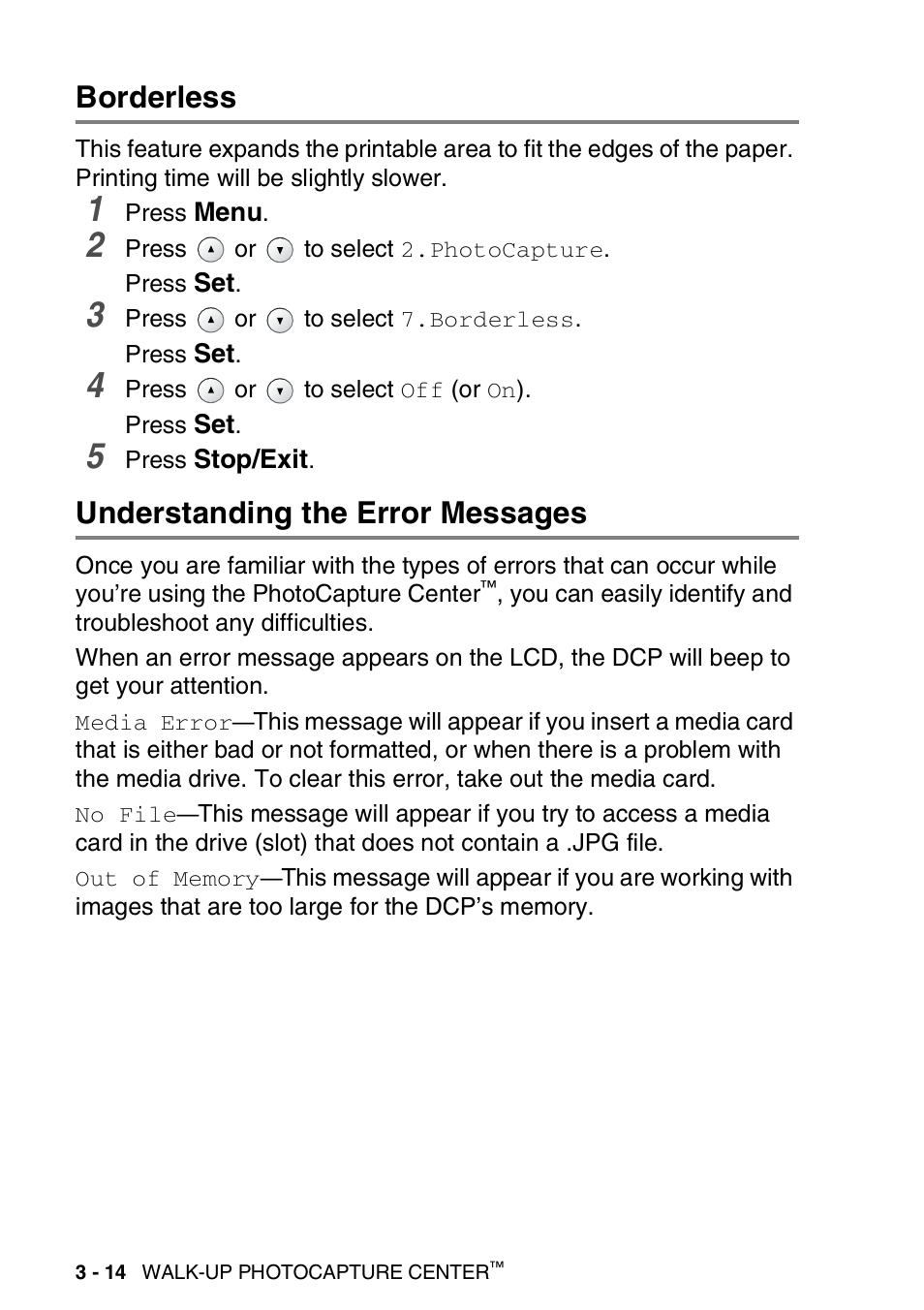Borderless, Understanding the error messages | Brother DCP-310CN User Manual | Page 53 / 100