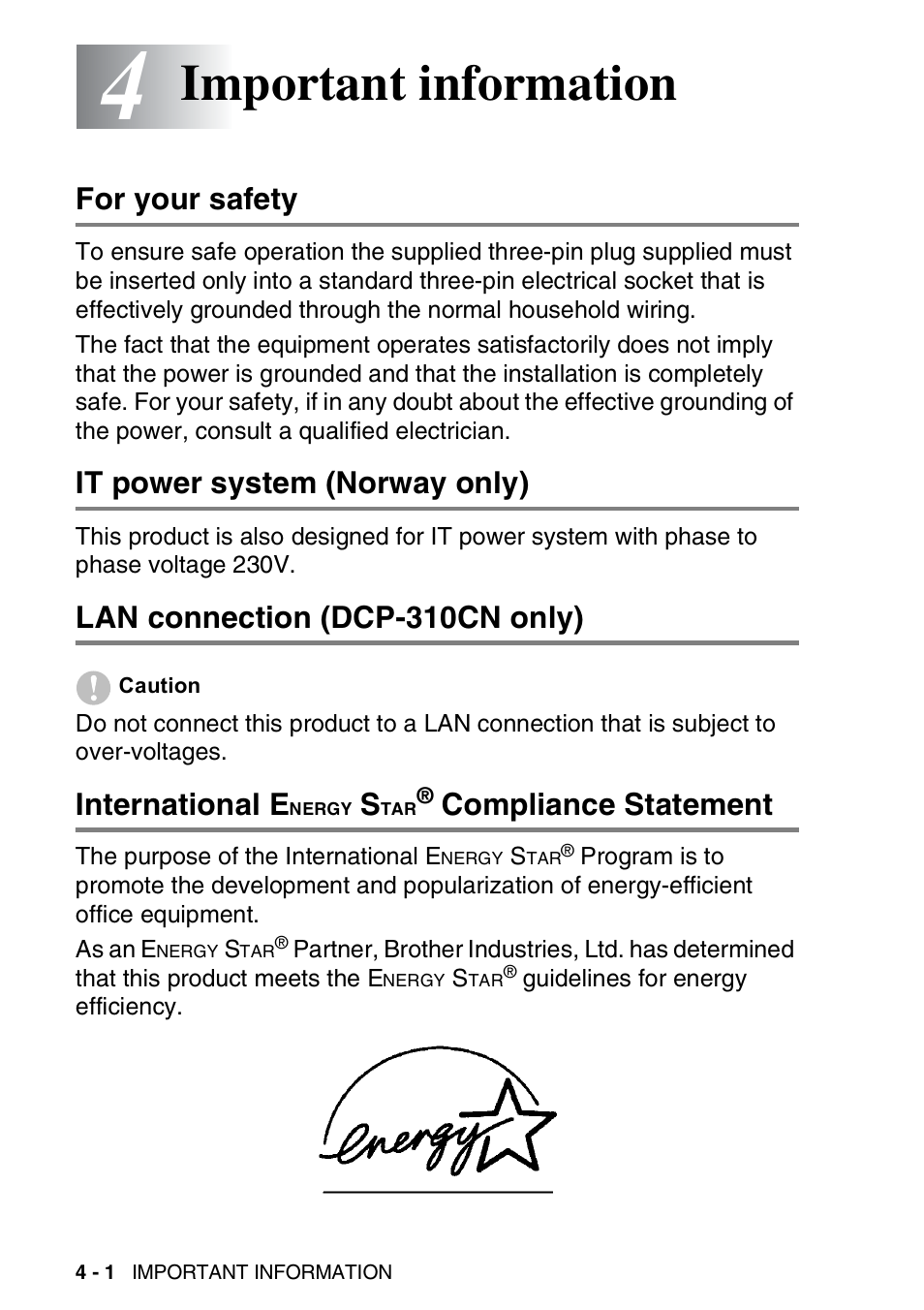4 important information, For your safety, It power system (norway only) | Lan connection (dcp-310cn only), International energy star® compliance statement, Important information -1, Nergy, Compliance, Statement -1, Important information | Brother DCP-310CN User Manual | Page 55 / 100