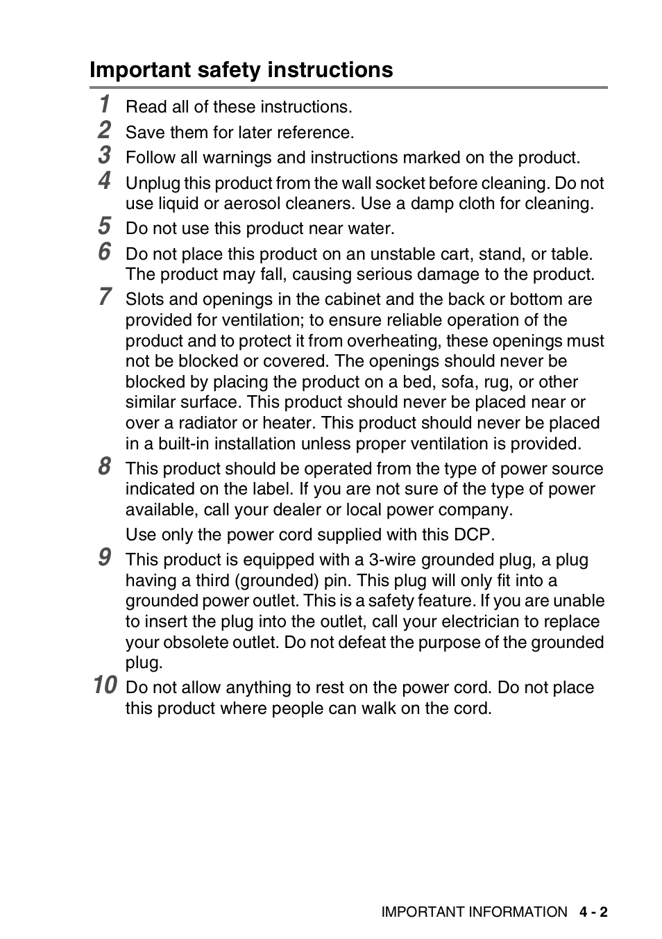 Important safety instructions, Important safety instructions -2 | Brother DCP-310CN User Manual | Page 56 / 100
