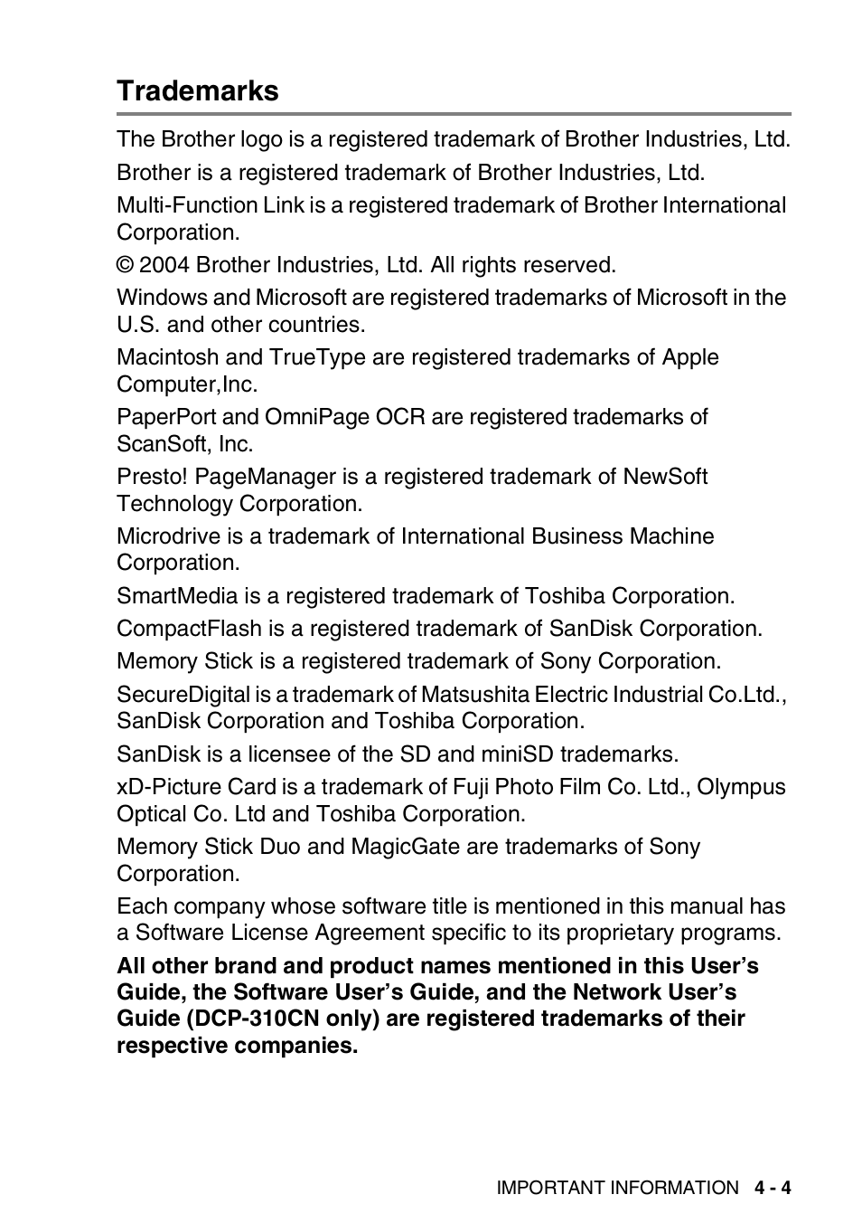 Trademarks, Trademarks -4 | Brother DCP-310CN User Manual | Page 58 / 100