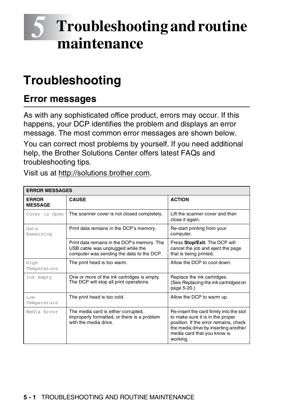 5 troubleshooting and routine maintenance, Troubleshooting, Error messages | Troubleshooting and routine maintenance -1, Troubleshooting -1, Error messages -1, Troubleshooting and routine maintenance | Brother DCP-310CN User Manual | Page 59 / 100