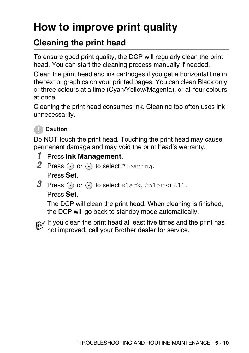 How to improve print quality, Cleaning the print head, How to improve print quality -10 | Cleaning the print head -10 | Brother DCP-310CN User Manual | Page 68 / 100