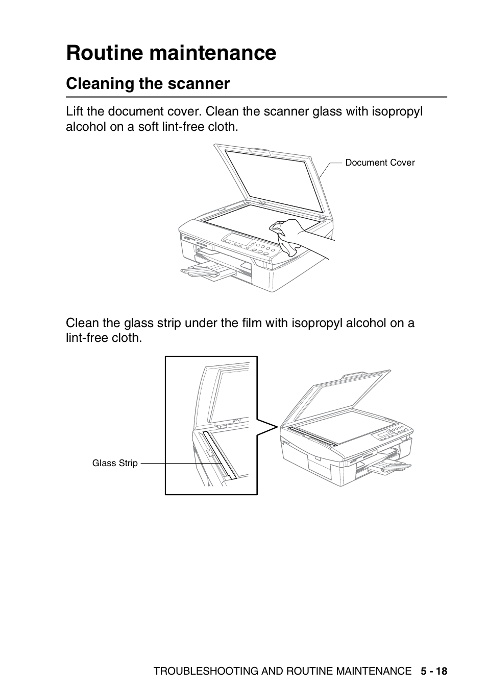 Routine maintenance, Cleaning the scanner, Routine maintenance -18 | Cleaning the scanner -18 | Brother DCP-310CN User Manual | Page 76 / 100