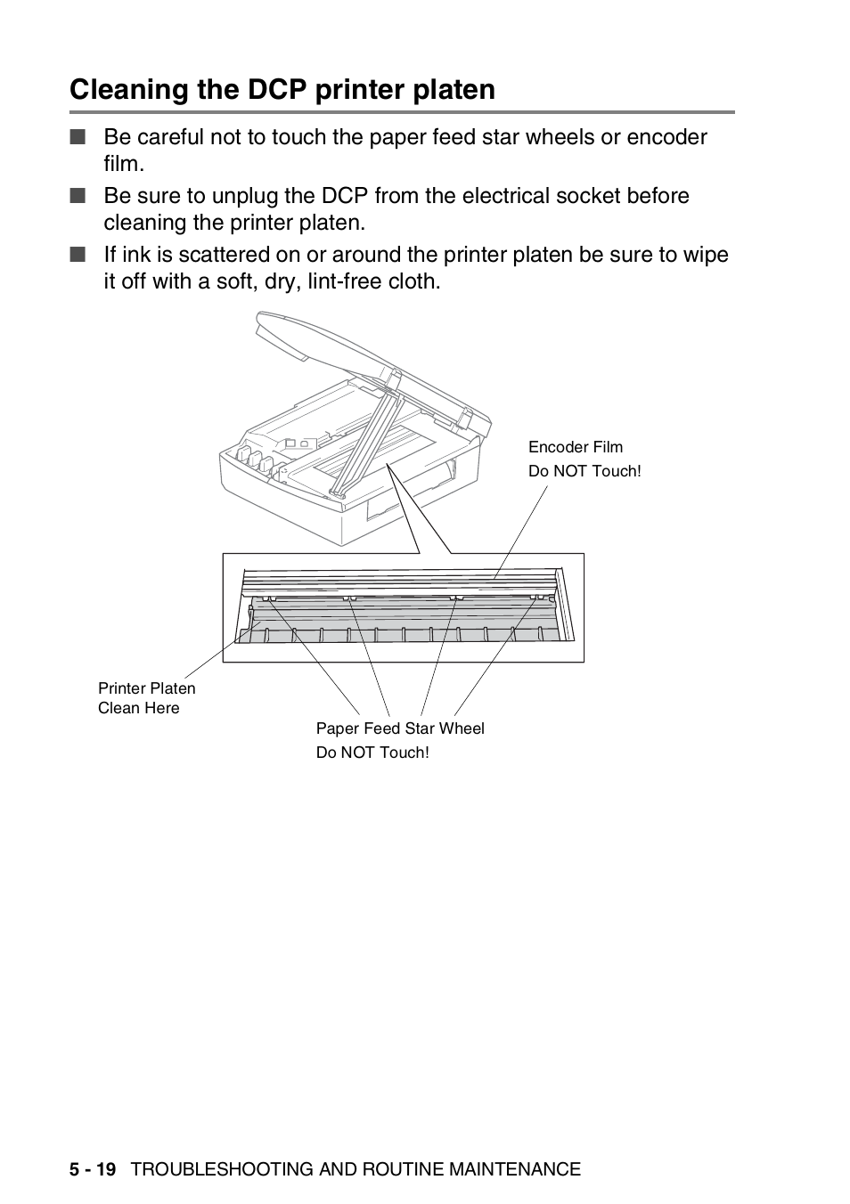 Cleaning the dcp printer platen, Cleaning the dcp printer platen -19 | Brother DCP-310CN User Manual | Page 77 / 100