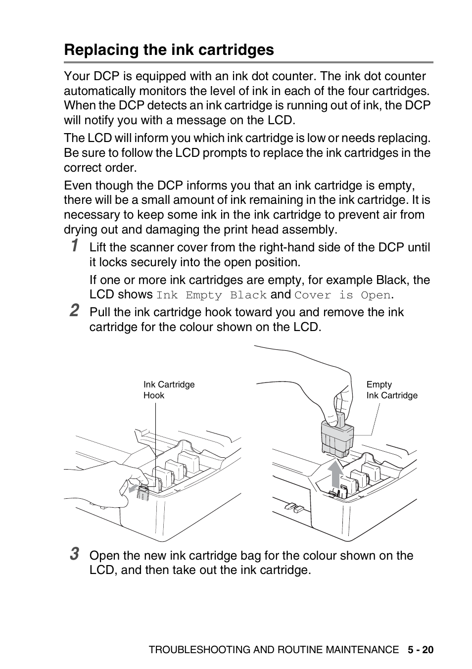Replacing the ink cartridges, Replacing the ink cartridges -20 | Brother DCP-310CN User Manual | Page 78 / 100