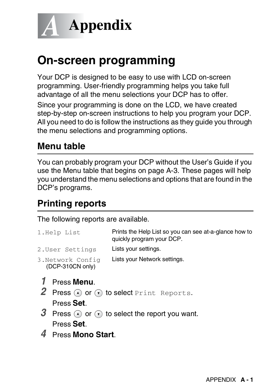 Appendix, On-screen programming, Menu table | Printing reports | Brother DCP-310CN User Manual | Page 82 / 100