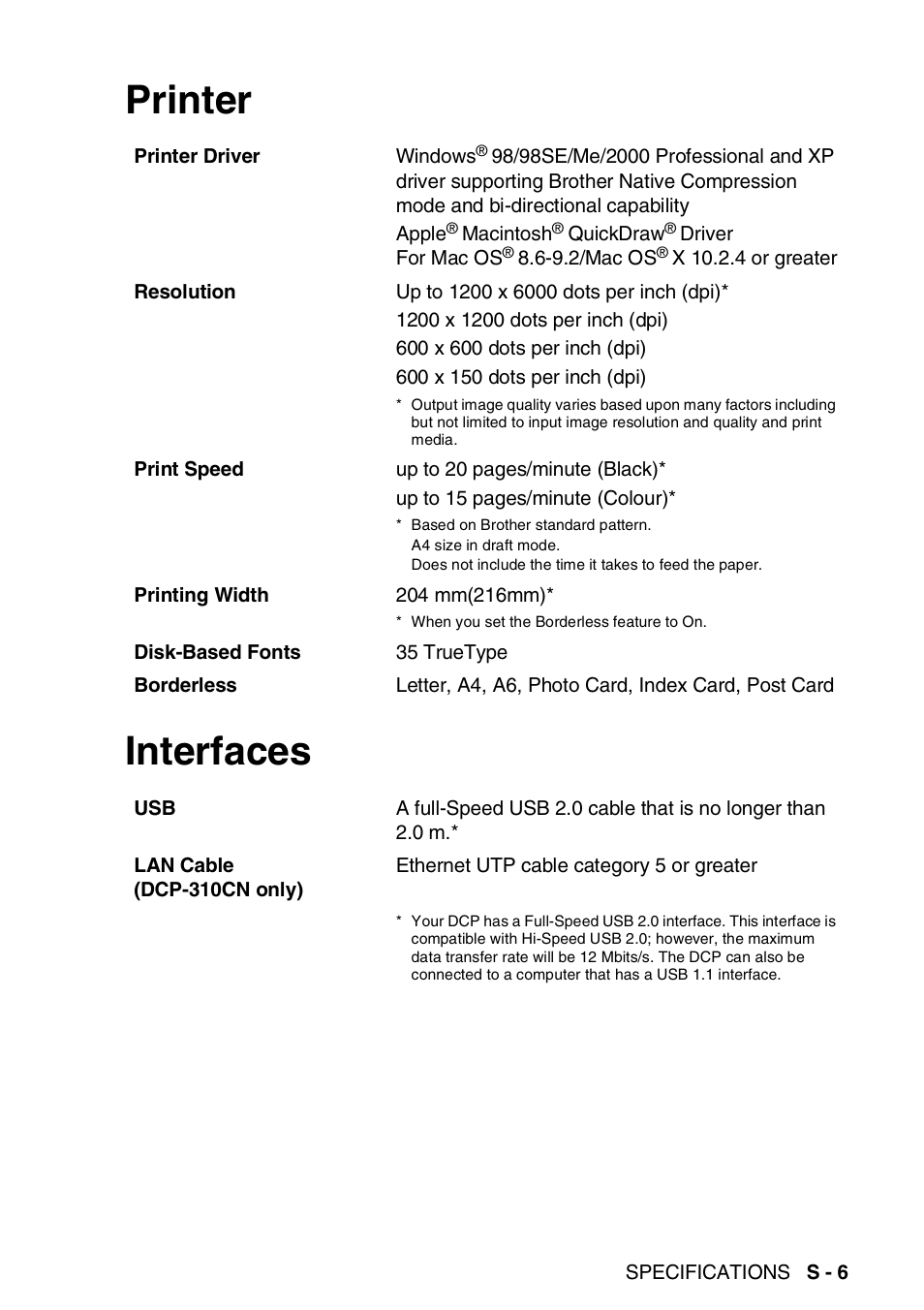 Printer, Interfaces, Printer interfaces | Brother DCP-310CN User Manual | Page 94 / 100