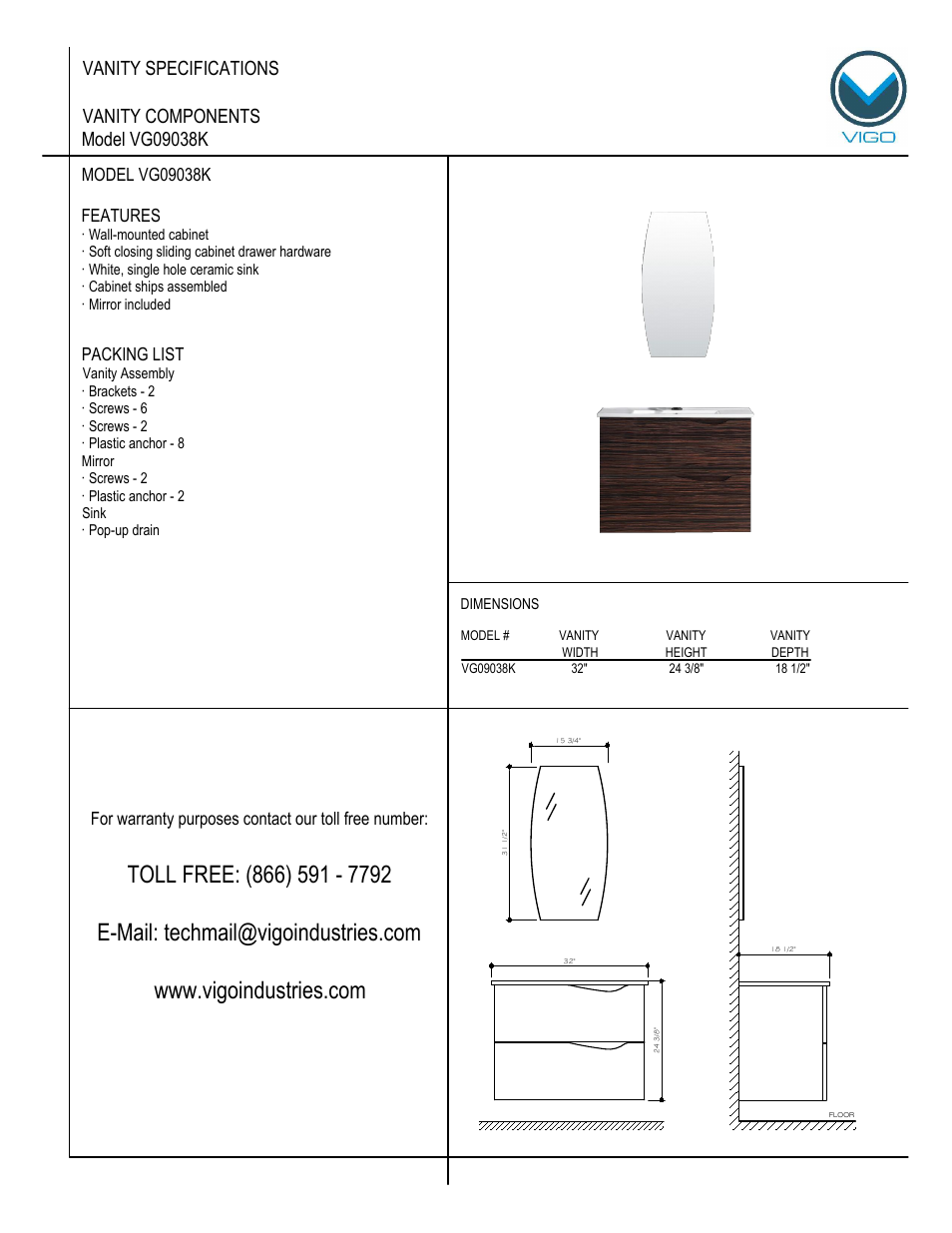 Vigo VG09038K User Manual | 7 pages