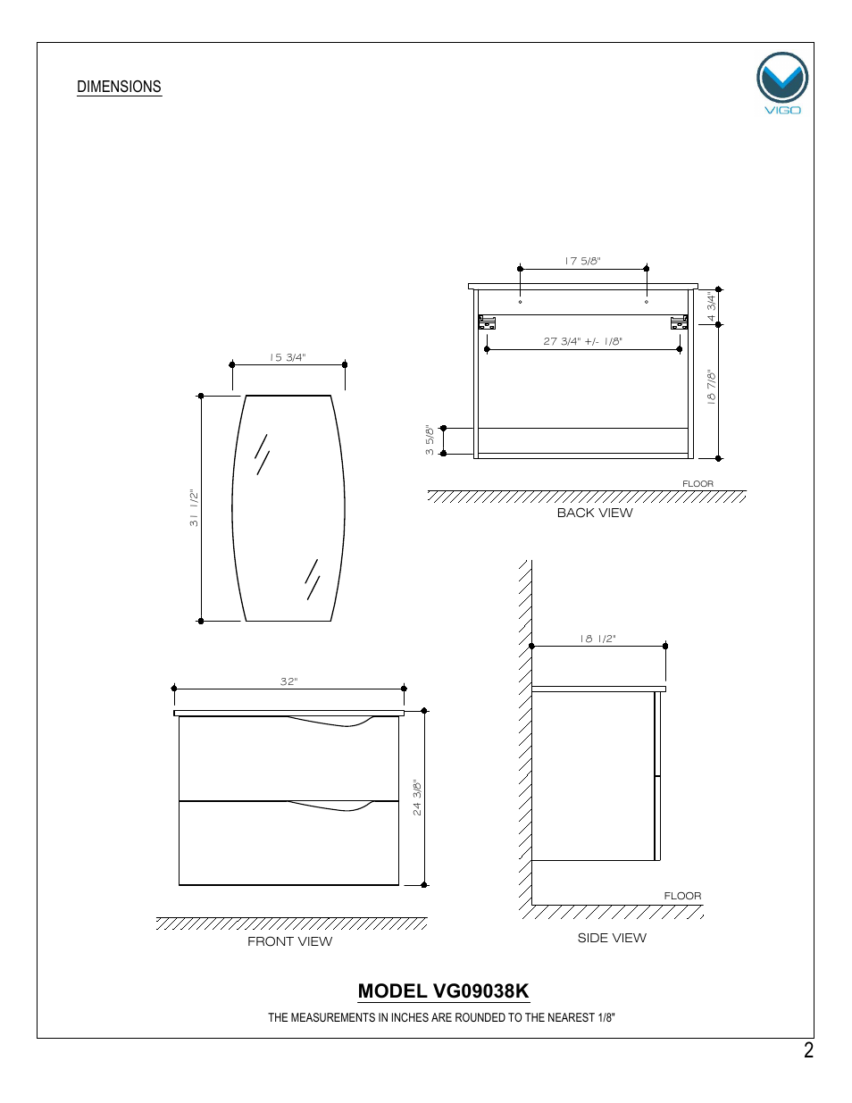 Dimensions | Vigo VG09038K User Manual | Page 2 / 7