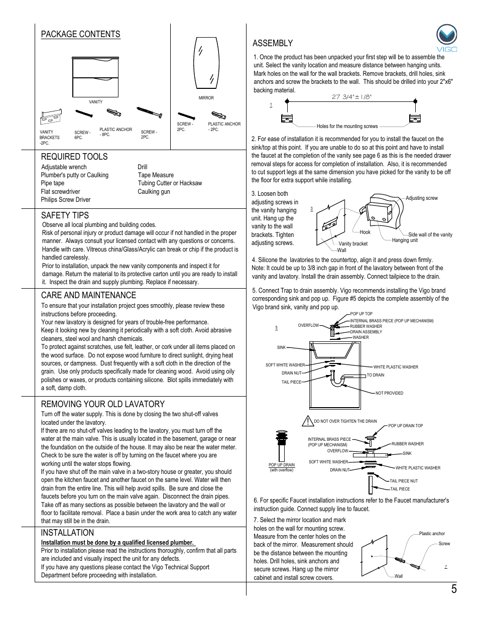 Assembly package contents, Removing your old lavatory | Vigo VG09038K User Manual | Page 5 / 7