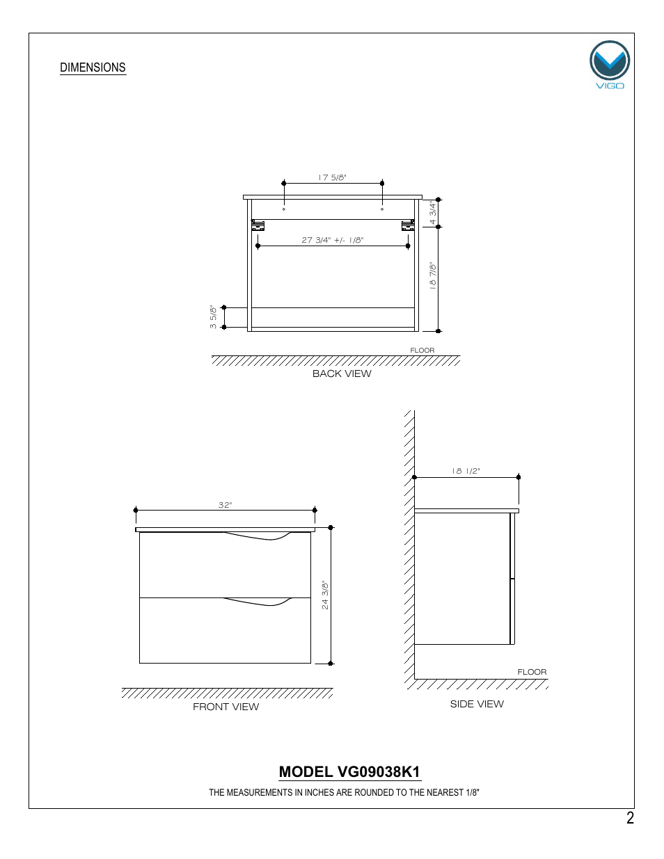 Dimensions | Vigo VG09038K1 User Manual | Page 2 / 7