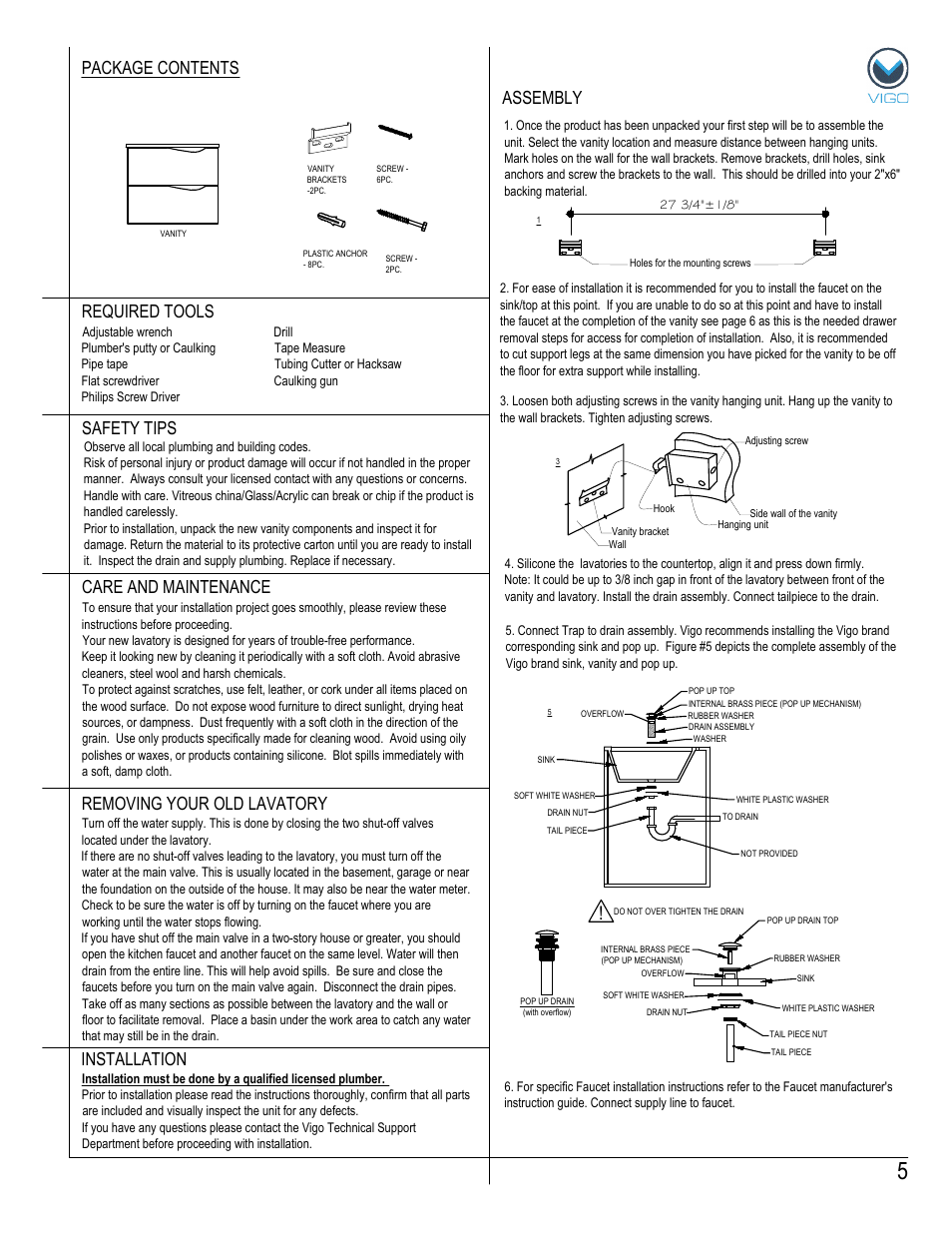 Assembly package contents, Removing your old lavatory | Vigo VG09038K1 User Manual | Page 5 / 7