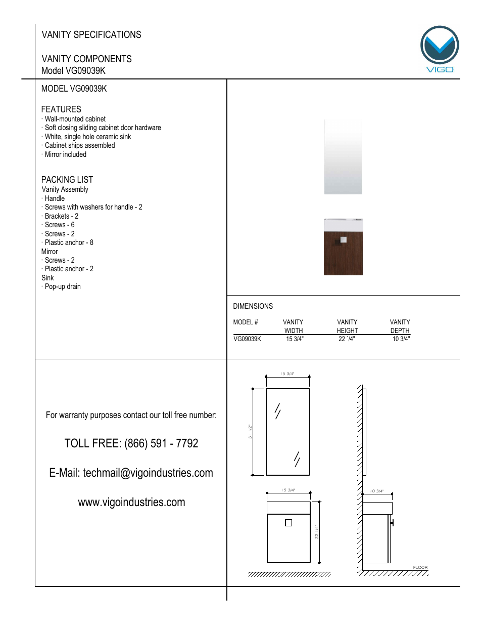 Vigo VG09039K User Manual | 7 pages