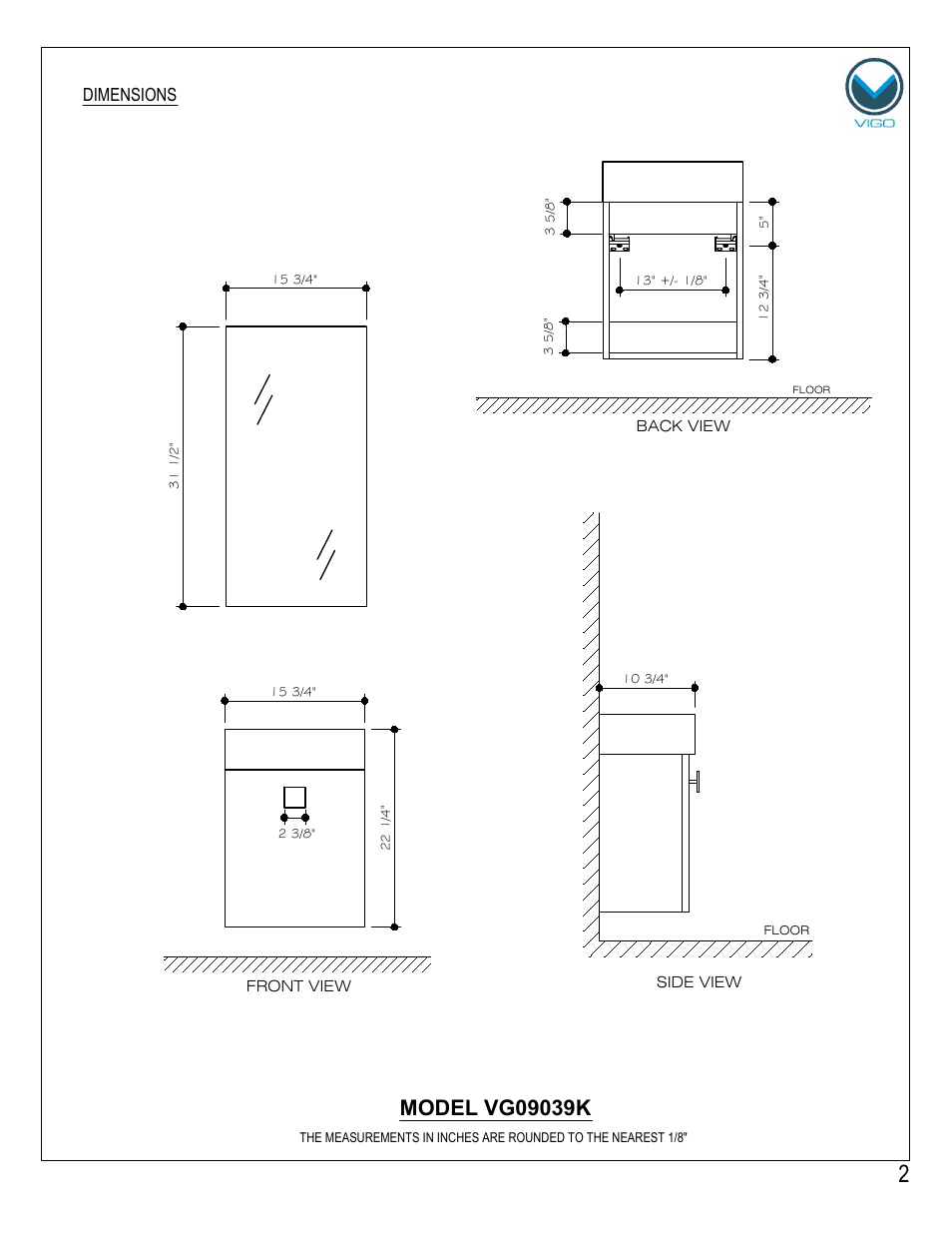 Dimensions | Vigo VG09039K User Manual | Page 2 / 7