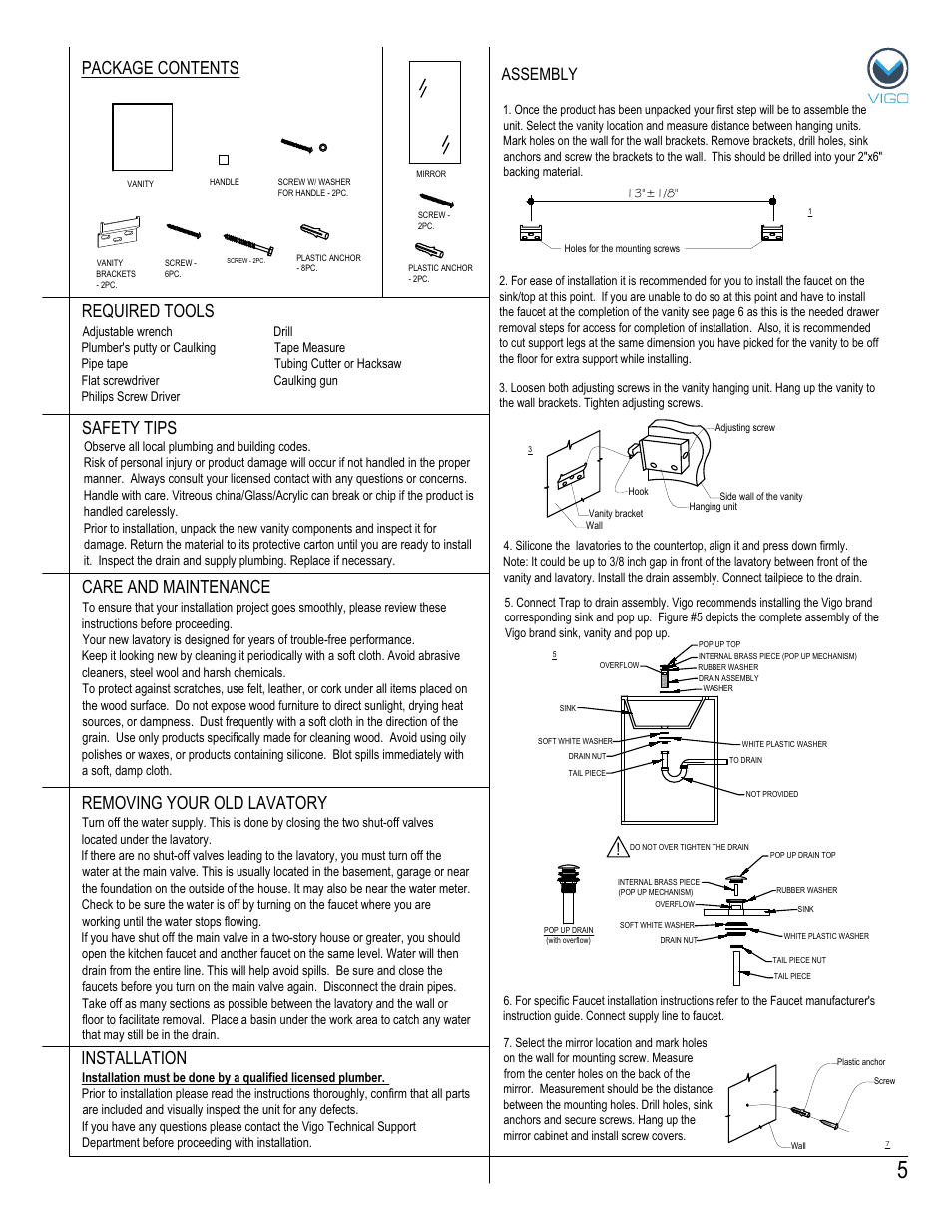 Package contents, Removing your old lavatory, Assembly | Vigo VG09039K User Manual | Page 5 / 7