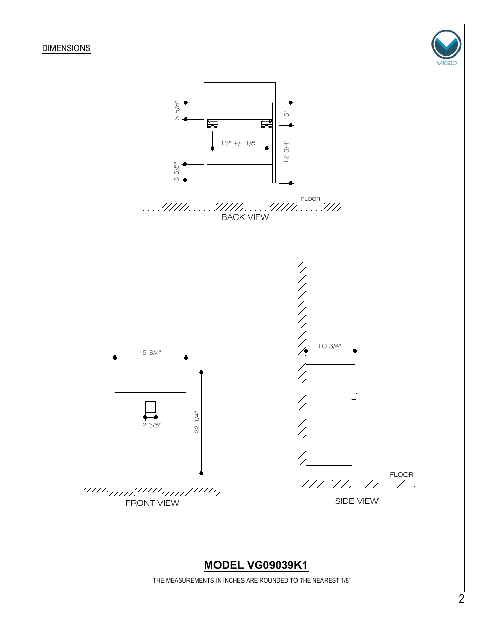 Dimensions | Vigo VG09039K1 User Manual | Page 2 / 7