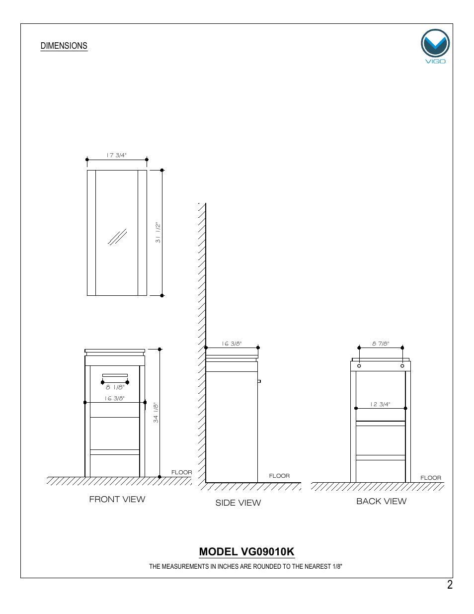 Dimensions | Vigo VG09010K User Manual | Page 2 / 7