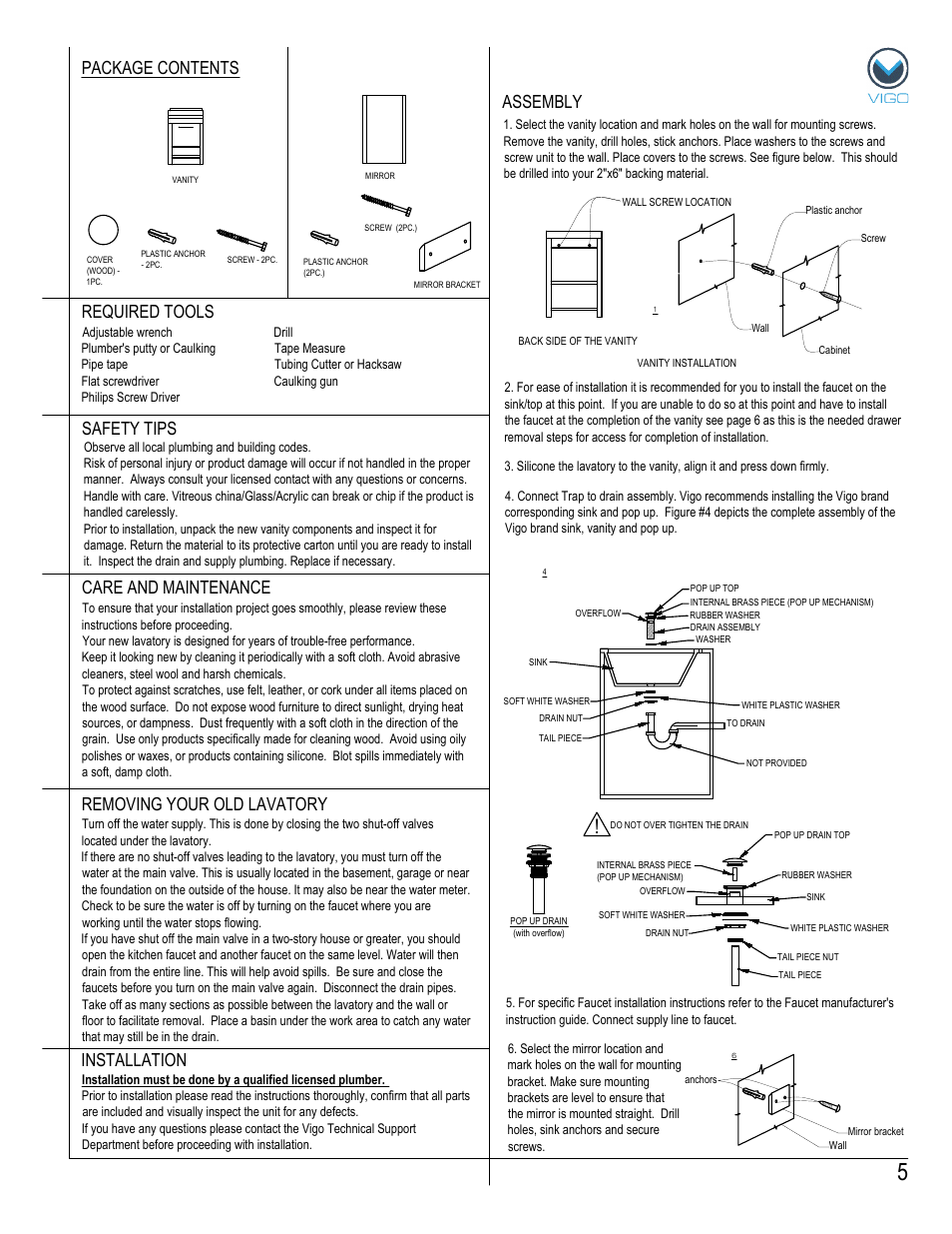 Assembly package contents, Removing your old lavatory | Vigo VG09010K User Manual | Page 5 / 7